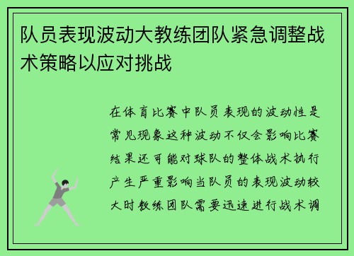 队员表现波动大教练团队紧急调整战术策略以应对挑战